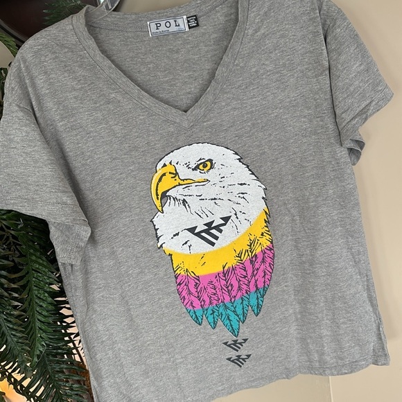 NWOT POL Gray V-Neck Short Sleeved T-Shirt Colorful Eagle Aztec Graphic Cotton - Picture 8 of 12